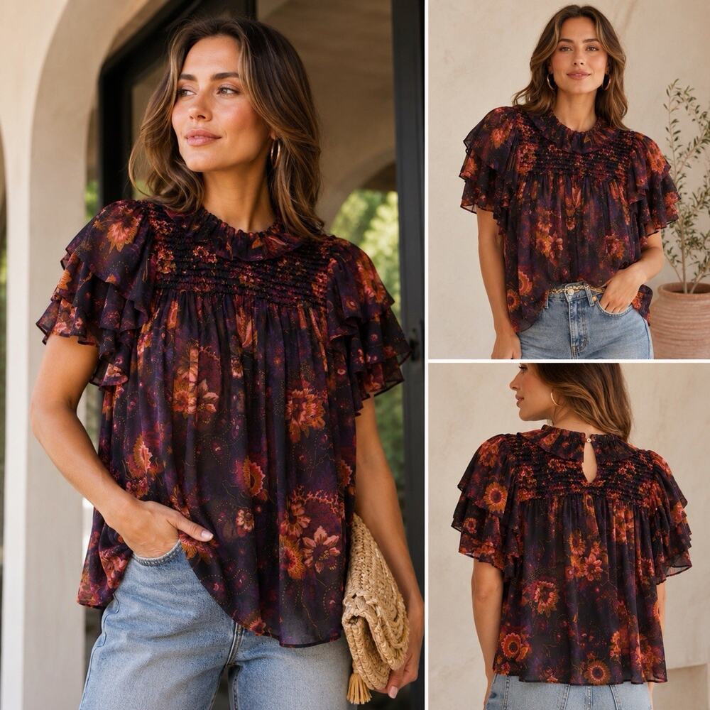 Ulla Johnson Athene Silk Blouse Autumn Floral Smocked Sheer Boho Romantic Fall